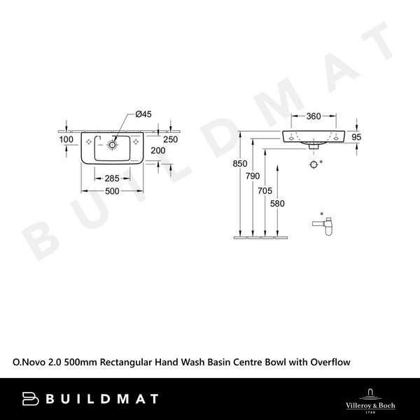Villeroy & Boch O.Novo 2.0 500mm Rectangular Hand Wash Basin Centre Bowl with Overflow Alpine White