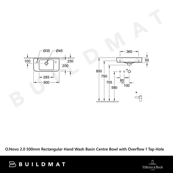 Villeroy & Boch O.Novo 2.0 500mm Rectangular Hand Wash Basin Centre Bowl with Overflow 1 Left Tap Hole Alpine White