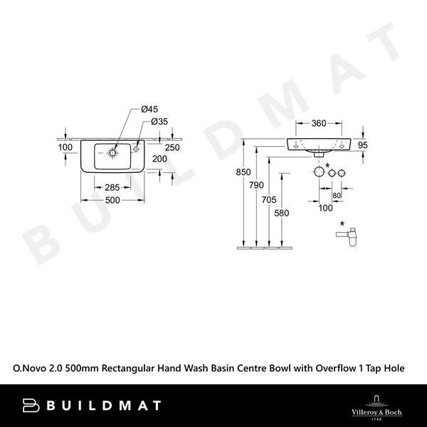 Villeroy & Boch O.Novo 2.0 500mm Rectangular Hand Wash Basin Centre Bowl with Overflow 1 Right Tap Hole Alpine White