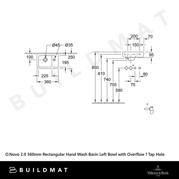 Villeroy & Boch O.Novo 2.0 360mm Rectangular Hand Wash Basin Left Bowl with Overflow 1 Tap Hole Alpine White