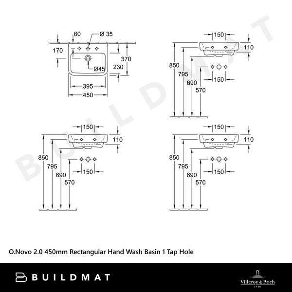 Villeroy & Boch O.Novo 2.0 450mm Rectangular Hand Wash Basin 1 Tap Hole Alpine White