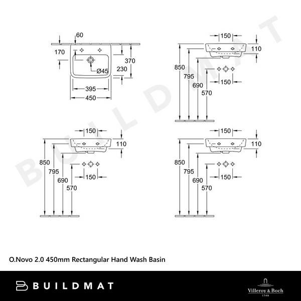 Villeroy & Boch O.Novo 2.0 450mm Rectangular Hand Wash Basin Alpine White