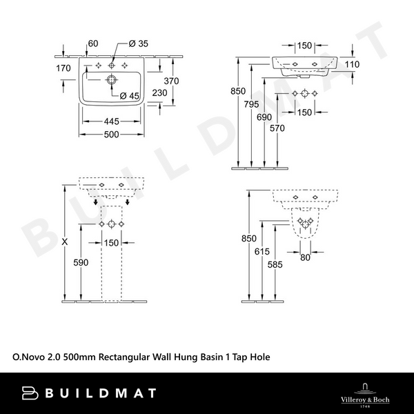 Villeroy & Boch O.Novo 2.0 500mm Rectangular Wall Hung Basin 1 Tap Hole Alpine White