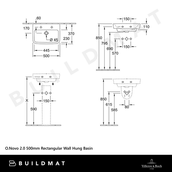 Villeroy & Boch O.Novo 2.0 500mm Rectangular Wall Hung Basin Alpine White
