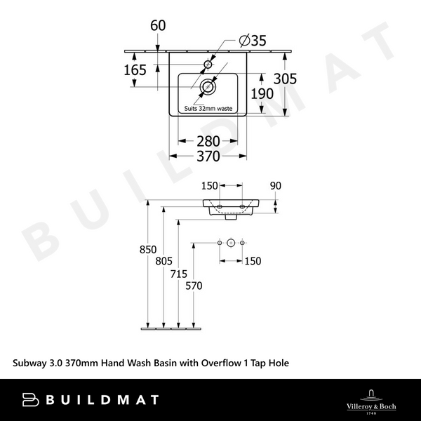 Villeroy & Boch Subway 3.0 370mm Hand Wash Basin with Overflow 1 Tap Hole Alpine White