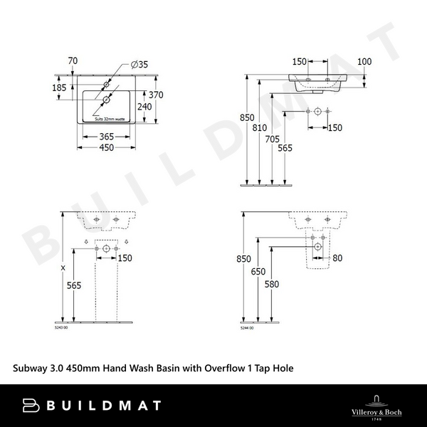 Villeroy & Boch Subway 3.0 450mm Hand Wash Basin with Overflow 1 Tap Hole Alpine White