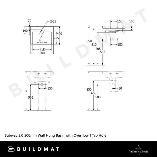 Villeroy & Boch Subway 3.0 500mm Wall Hung Basin with Overflow 1 Tap Hole Alpine White