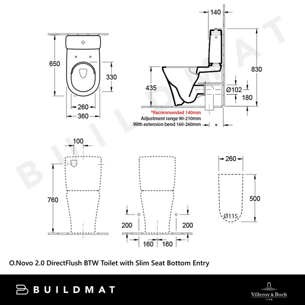 Villeroy & Boch O.Novo 2.0 DirectFlush BTW Bottom Entry Toilet Suite with Slim Seat Alpine White