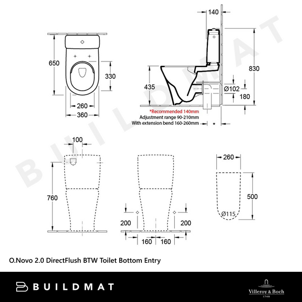 Villeroy & Boch O.Novo 2.0 DirectFlush BTW Bottom Entry Toilet Suite Alpine White