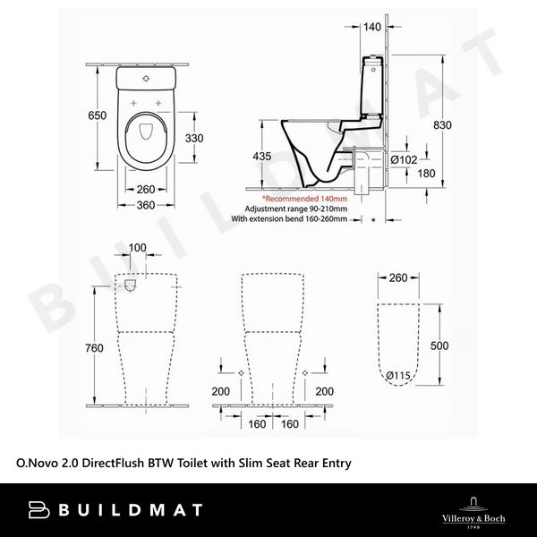 Villeroy & Boch O.Novo 2.0 DirectFlush BTW Rear Entry Toilet Suite with Slim Seat CeramicPlus Alpine White