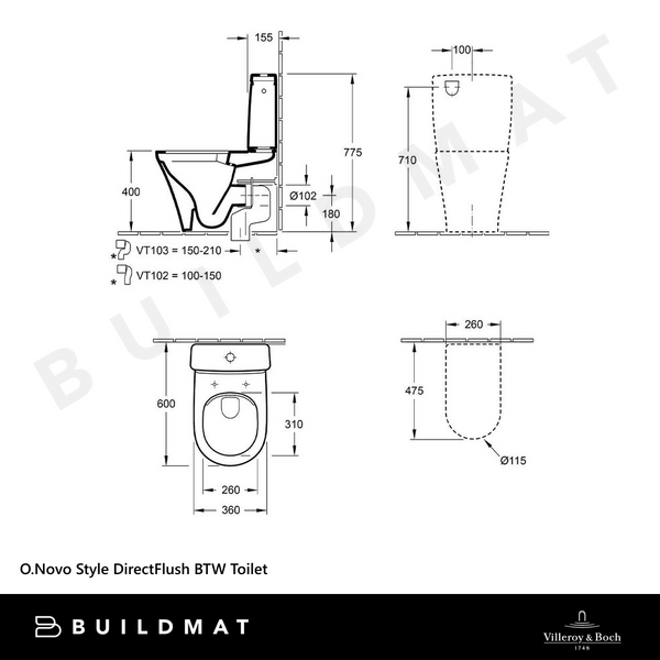 Villeroy & Boch O.Novo Style DirectFlush BTW Toilet Suite CeramicPlus Alpine White