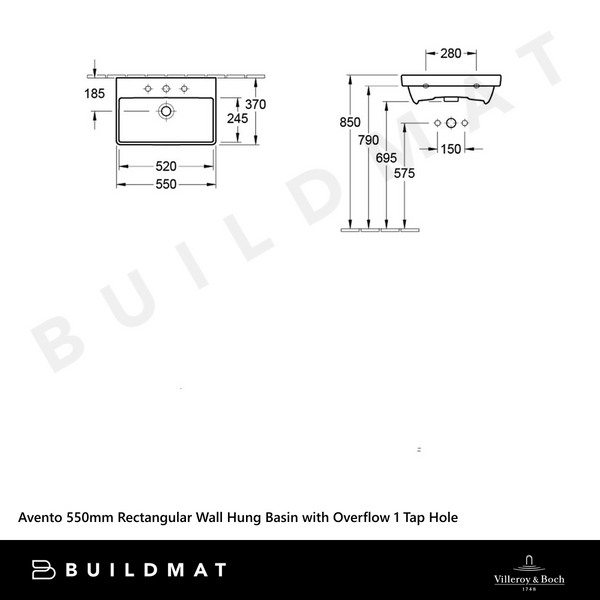 Villeroy & Boch Avento 550mm Rectangular Wall Hung Basin with Overflow 1 Tap Hole Alpine White