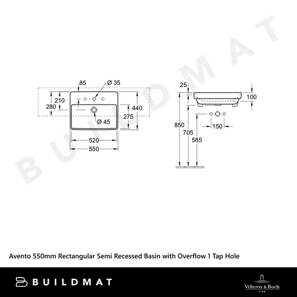 Villeroy & Boch Avento 550mm Rectangular Semi Recessed Basin with Overflow 1 Tap Hole Alpine White