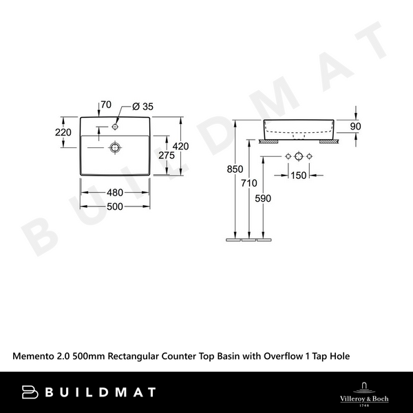 Villeroy & Boch Memento 2.0 500mm Rectangular Counter Top Basin with Overflow 1 Tap Hole Alpine White