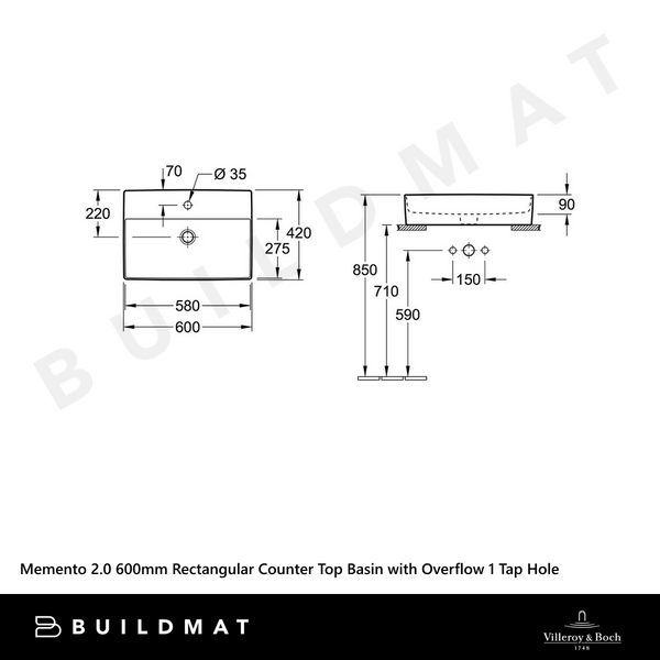 Villeroy & Boch Memento 2.0 600mm Rectangular Counter Top Basin with Overflow 1 Tap Hole Alpine White