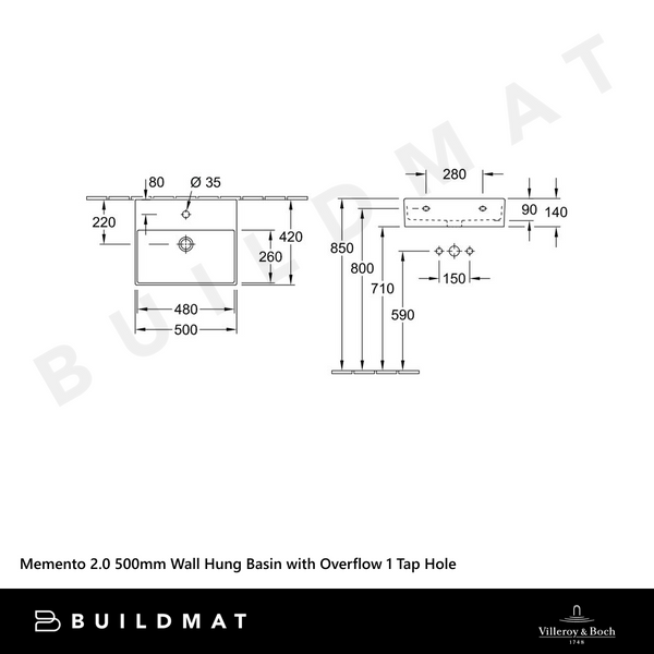 Villeroy & Boch Memento 2.0 500mm Wall Hung Basin with Overflow 1 Tap Hole Alpine White