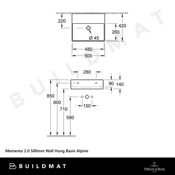 Villeroy & Boch Memento 2.0 500mm Wall Hung Basin Alpine White