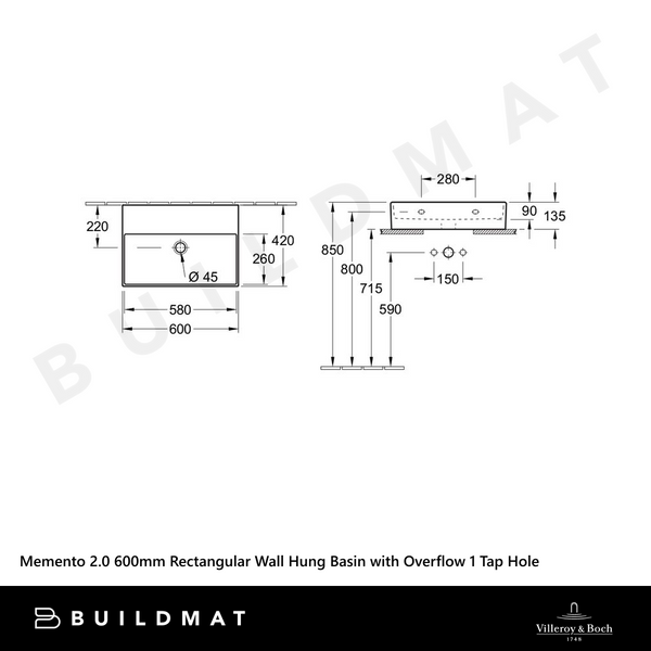 Villeroy & Boch Memento 2.0 600mm Rectangular Wall Hung Basin with Overflow 1 Tap Hole Alpine White