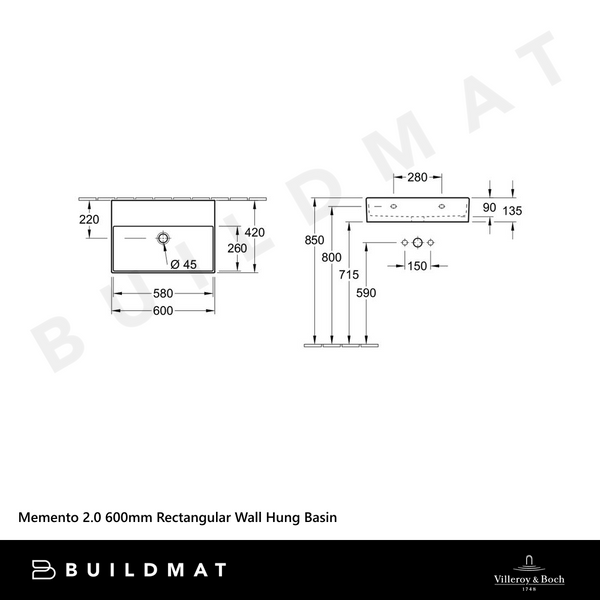 Villeroy & Boch Memento 2.0 600mm Rectangular Wall Hung Basin  Alpine White