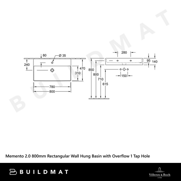 Villeroy & Boch Memento 2.0 800mm Rectangular Wall Hung Basin with Overflow 1 Tap Hole Alpine White