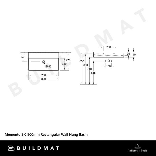 Villeroy & Boch Memento 2.0 800mm Rectangular Wall Hung Basin Alpine White