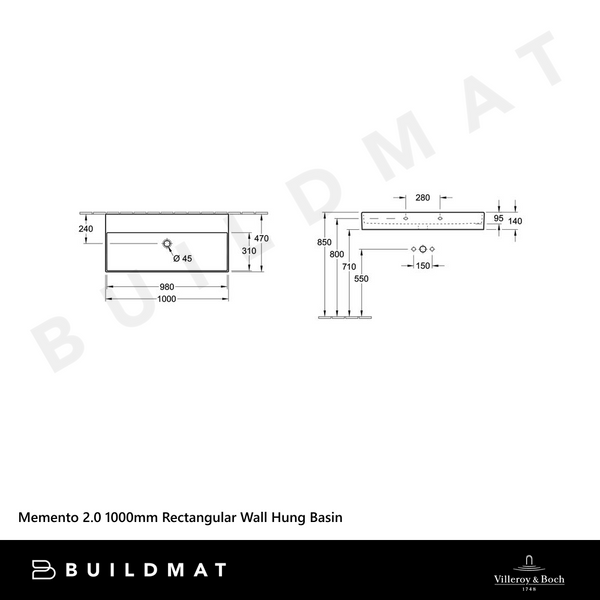Villeroy & Boch Memento 2.0 1000mm Rectangular Wall Hung Basin Alpine White