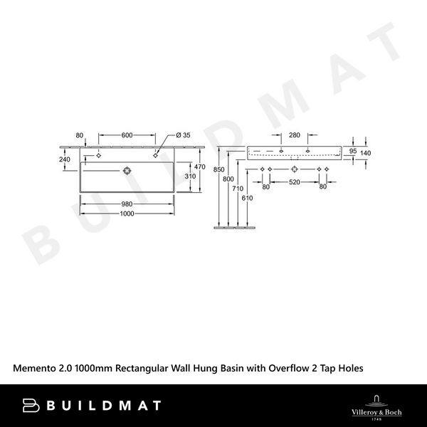 Villeroy & Boch Memento 2.0 1000mm Rectangular Wall Hung Basin with Overflow 2 Tap Holes Alpine White