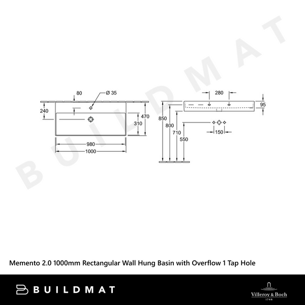 Villeroy & Boch Memento 2.0 1000mm Rectangular Wall Hung Basin with Overflow 1 Tap Hole Alpine White