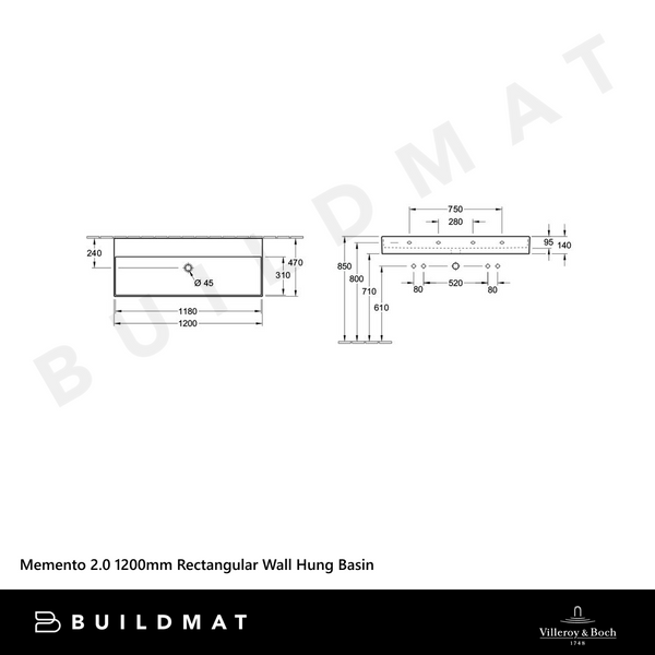 Villeroy & Boch Memento 2.0 1200mm Rectangular Wall Hung Basin Alpine White