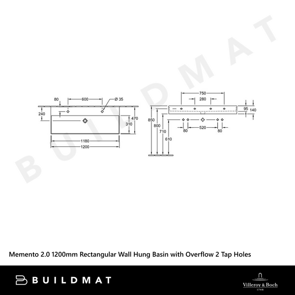 Villeroy & Boch Memento 2.0 1200mm Rectangular Wall Hung Basin with Overflow 2 Tap Holes Alpine White