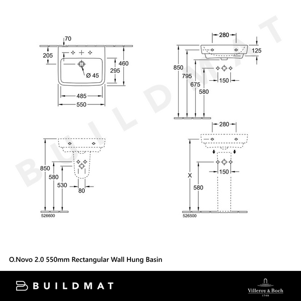Villeroy & Boch O.Novo 2.0 550mm Rectangular Wall Hung Basin Alpine White