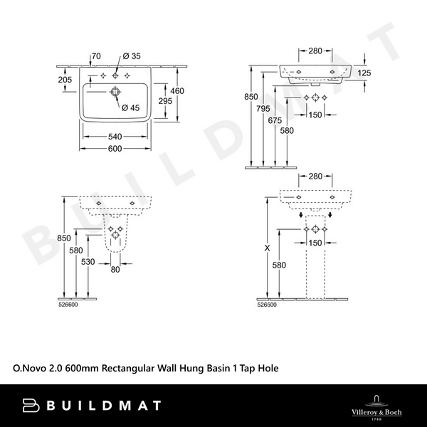 Villeroy & Boch O.Novo 2.0 600mm Rectangular Wall Hung Basin 1 Tap Hole Alpine White