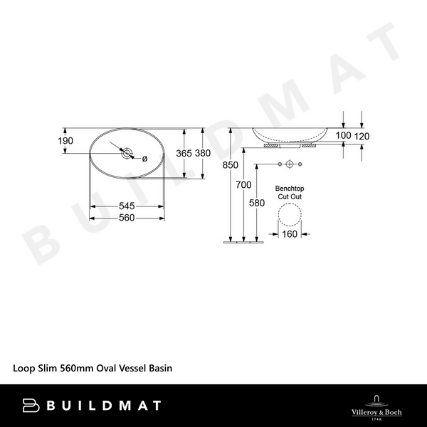 Villeroy & Boch Loop Slim 560mm Oval Vessel Basin Stone White