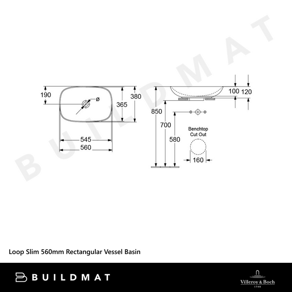 Villeroy & Boch Loop Slim 560mm Rectangular Vessel Basin Stone White