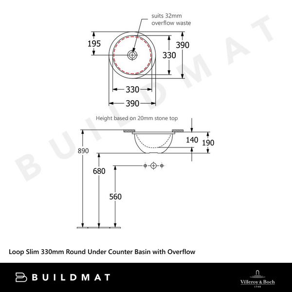 Villeroy & Boch Loop Slim 330mm Round Under Counter Basin with Overflow Alpine White