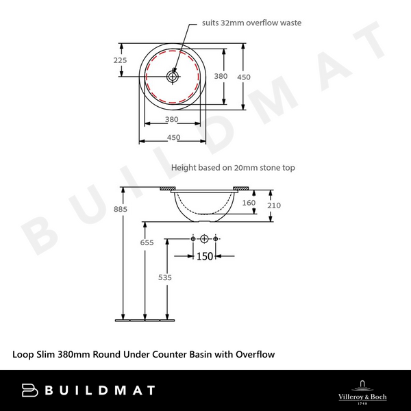 Villeroy & Boch Loop Slim 380mm Round Under Counter Basin with Overflow Stone White