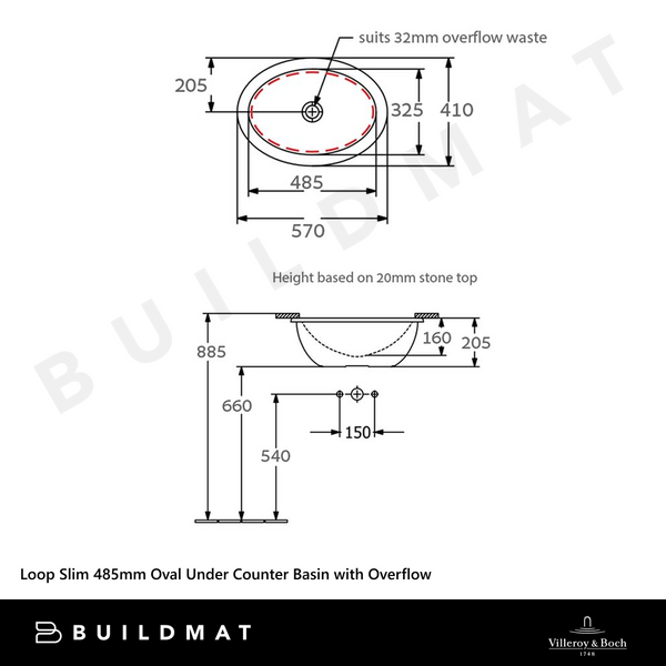 Villeroy & Boch Loop Slim 485mm Oval Under Counter Basin with Overflow Alpine White