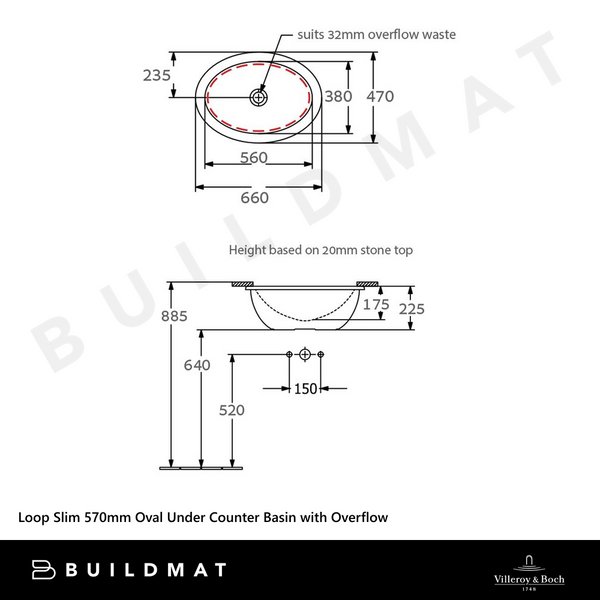 Villeroy & Boch Loop Slim 560mm Oval Under Counter Basin with Overflow Stone White