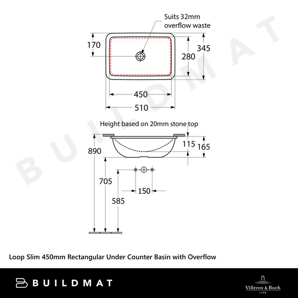 Villeroy & Boch Loop Slim 450mm Rectangular Under Counter Basin with Overflow Stone White