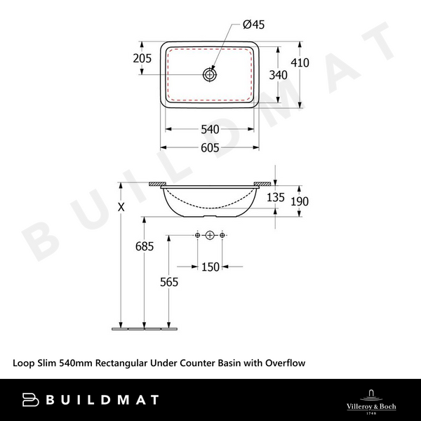 Villeroy & Boch Loop Slim 540mm Rectangular Under Counter Basin with Overflow Alpine White