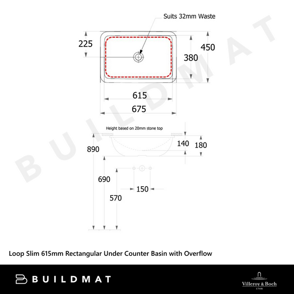 Villeroy & Boch Loop Slim 615mm Rectangular Under Counter Basin with Overflow Stone White