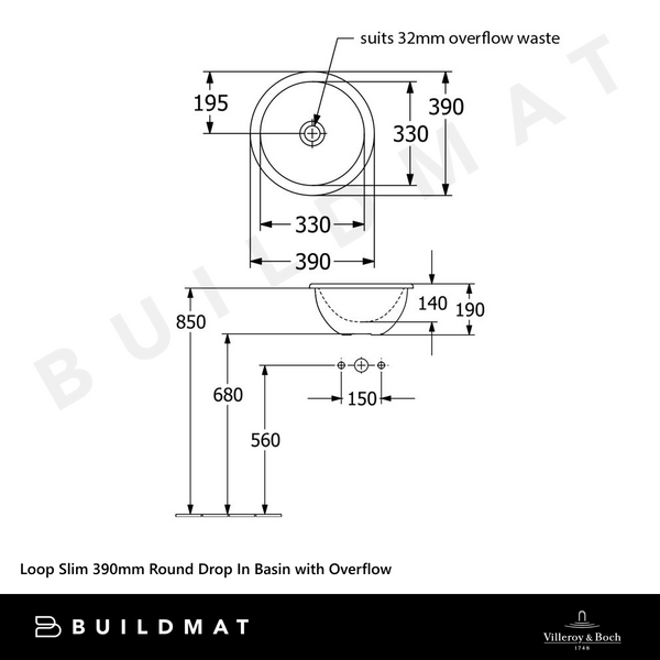 Villeroy & Boch Loop Slim 390mm Round Drop In Basin with Overflow Alpine White