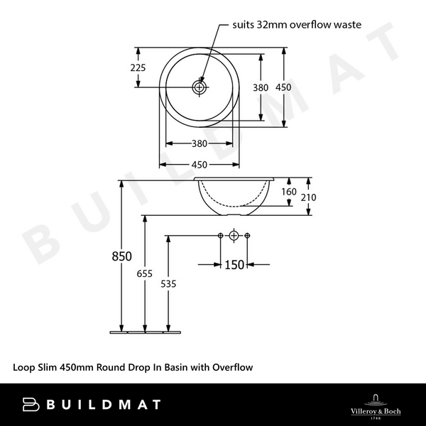 Villeroy & Boch Loop Slim 450mm Round Drop In Basin with Overflow Alpine White