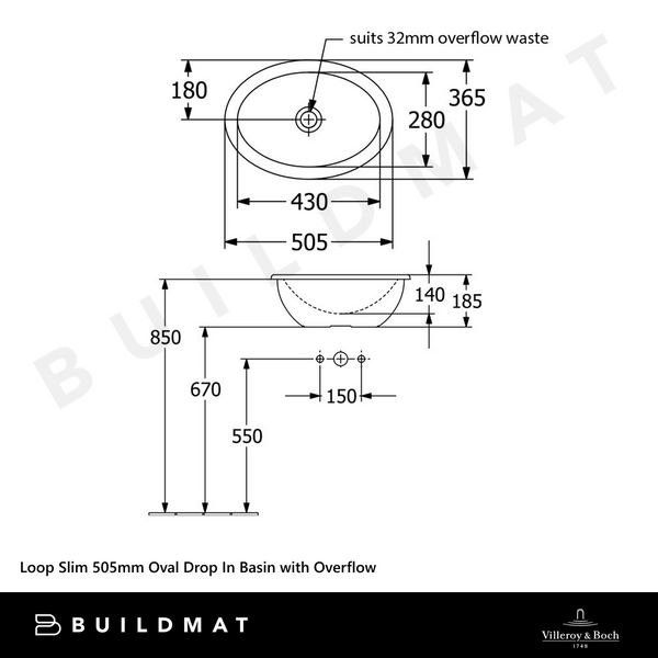 Villeroy & Boch Loop Slim 505mm Oval Drop In Basin with Overflow Alpine White
