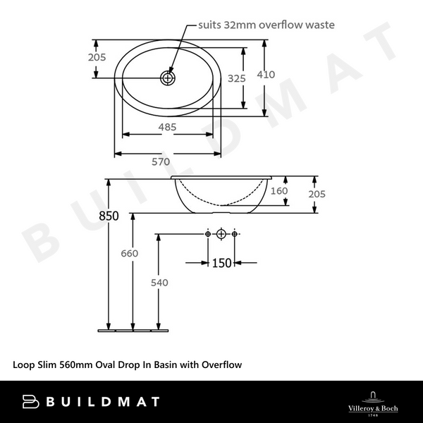 Villeroy & Boch Loop Slim 570mm Oval Drop In Basin with Overflow Alpine White