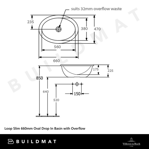 Villeroy & Boch Loop Slim 660mm Oval Drop In Basin with Overflow Alpine White
