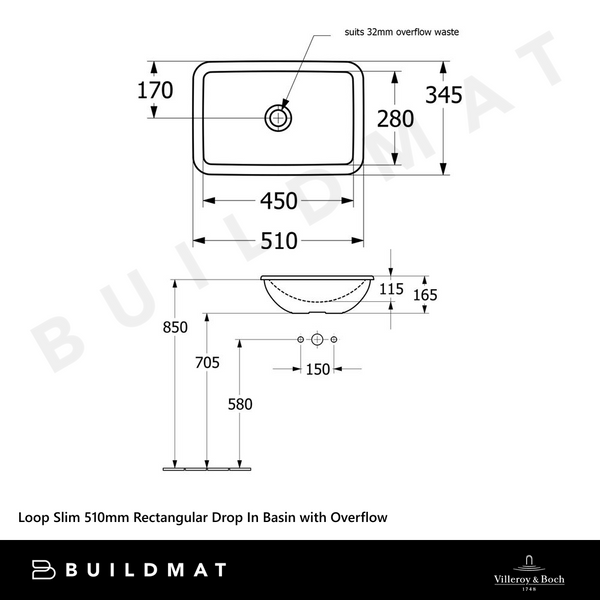 Villeroy & Boch Loop Slim 510mm Rectangular Drop In Basin with Overflow Alpine White