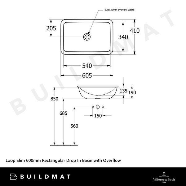 Villeroy & Boch Loop Slim 600mm Rectangular Drop In Basin with Overflow Alpine White