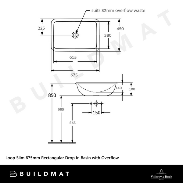 Villeroy & Boch Loop Slim 675mm Rectangular Drop In Basin with Overflow Alpine White