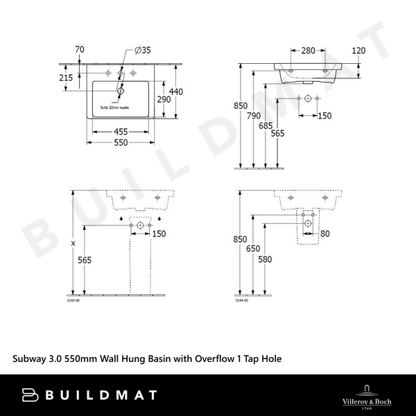 Villeroy & Boch Subway 3.0 550mm Wall Hung Basin with Overflow 1 Tap Hole Alpine White